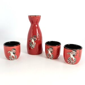 VNTG Japanese Ceramic Chinese Calligraphy Red Wine Sake Set Flask Carafe 3 Cups